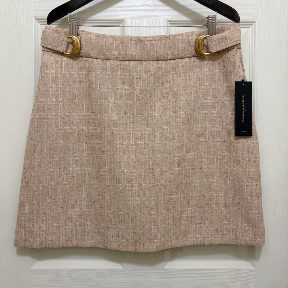 Donna Karan‎ New York Tweed Mini Skirt Sz 14 Blush Beige Office Career Polished
